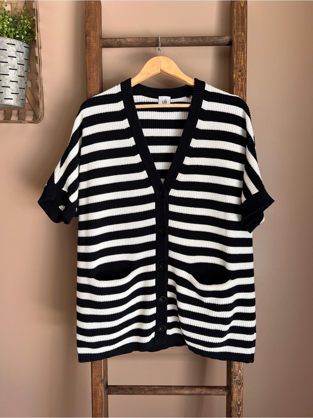 Cabi Navy & White Striped Oversized Button Cardigan